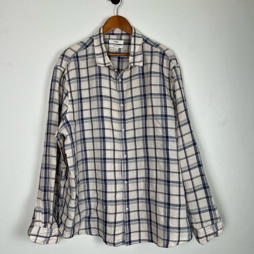 Marks‎ Spencer Shirt Mens Size 3XL Stone Blue Plaid Casual Button Down Classic